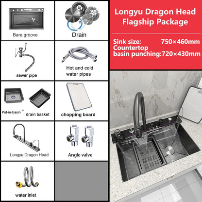 Küchenspüle, Wasserfallspüle aus Edelstahl, Digitalanzeige, große Einzelschüssel mit Multifunktions-Wasserfall-Wasserhahn, Waschbecken