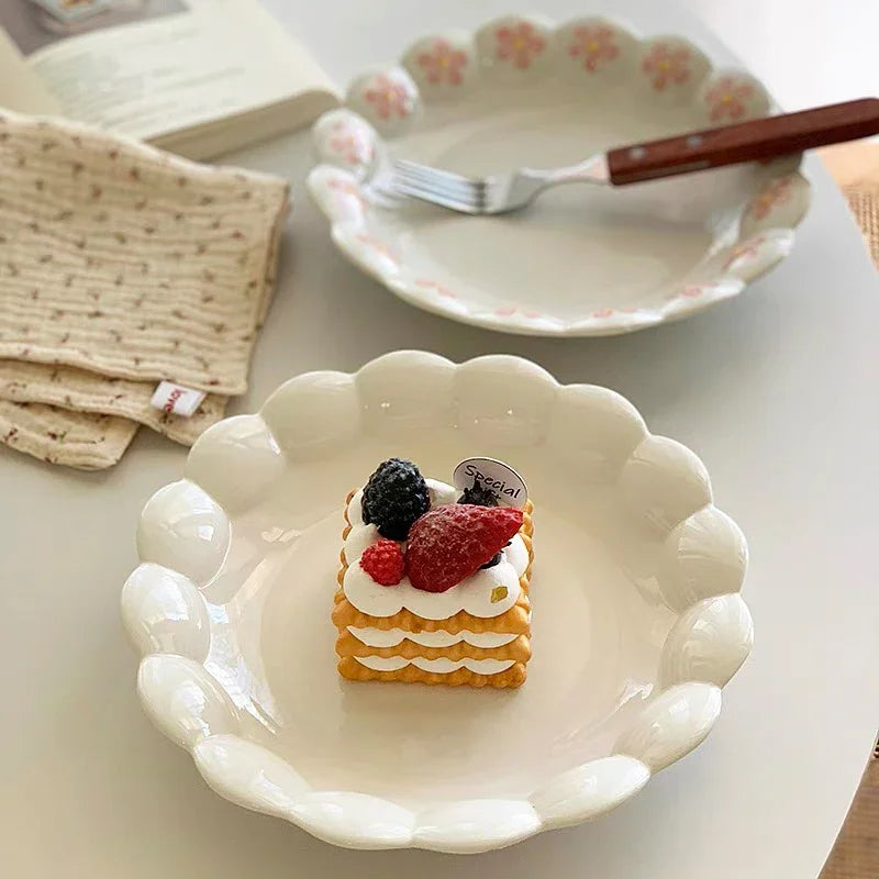 Irregular Ceramic Kitchen Tableware Lovely Pink Petal Household Ceramic Dinner Plate Lace Soup Plate  Deep Fruit Plate.