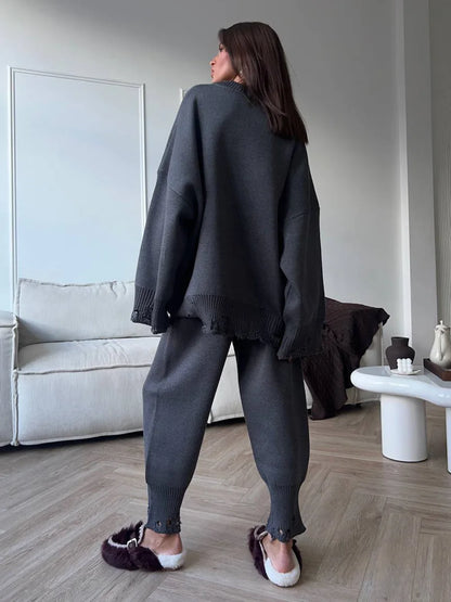 Two Piece Ripped Set Women Knit Tracksuits O Neck Long Sleeve Casual Baggy Sweatshirts+ Joggers Pants Outfits 2025 Fall Winter