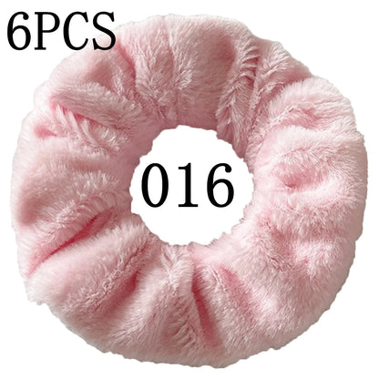 6pc Hair Scrunchies Furry Elastic Band Women Girl Ponytail Holder Rubber Ties Accessories Plush Faux Fur Soft Chiffon Headband