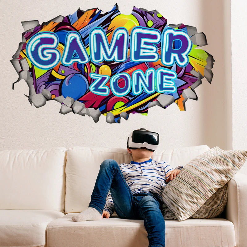 Larger Game Poster 3D Wall Hole Art Cool Gamer Zone Gamepad Vinyl Mural Stickers Home Decoration for Kids Bedroom Gaming Rooms.