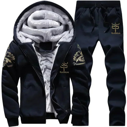2024 New Winter Thick Men Sports Suit Tracksuit Hooded Sportswear Zipper Cardigan Hooded Woolen Trousers Pants Casual Men Set