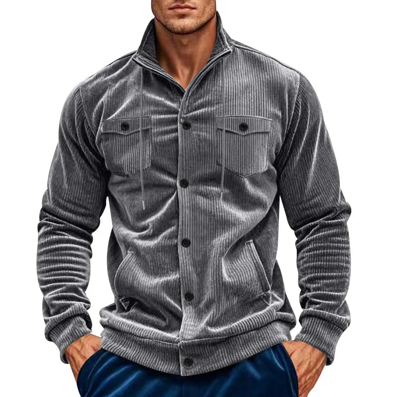 Men's Corduroy Jacket Stand-up Collar Slim Fit Retro Multi-pocket Workwear Commuter Coat for Spring And Autumn.