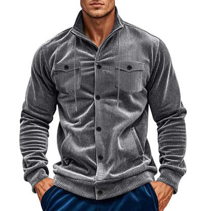 Men's Corduroy Jacket Stand-up Collar Slim Fit Retro Multi-pocket Workwear Commuter Coat for Spring And Autumn.