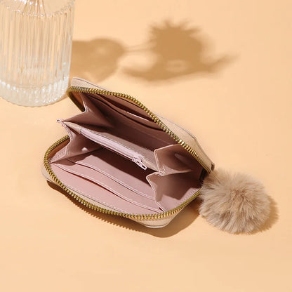 Women Fashion Zipper Wallet with Hairballs Simple Versatile Short Coin Purse Multi-Functional Multi-Card Slot Card Bag.