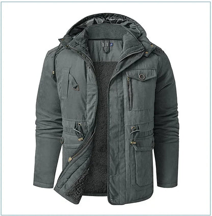 Men's Jacket WINTER USA SIZE Large SIZE Lamb Fleece JACKETS Hooded Cotton Thickened Multi Pocket Casual Mid length Coat