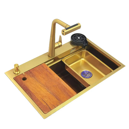 Gold Wasserfall Wasserhahn Küchenspüle Nano Waschbecken 304 Edelstahl Golden Topmount Single Bowl Waschbecken 4-Funktions-Küchenarmatur