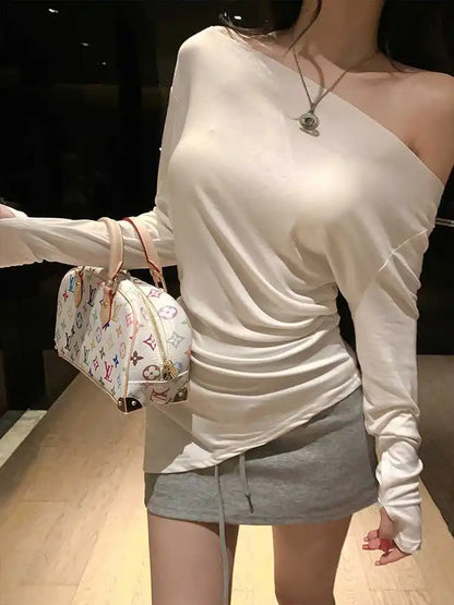 Sexy Long Sleeve T-Shirt Shoulder Bared Waist Cinched Slim Fit Knitted Cotton Solid Color Casual Urban Style for Early Autumn.