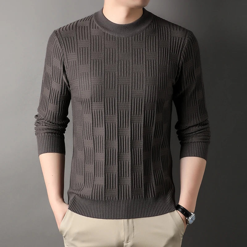 Luxury high-quality round neck exquisite plaid knitted sweater men's autumn and winter new casual warm comfortable pullover.