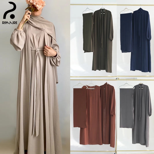 Khaki Long Sleeves Abayas Inner Dress Hijab Sets Elegant Muslim Dresses Islamic Ladies Casual Abaya Gift Party Wholesale RIMAIRE.