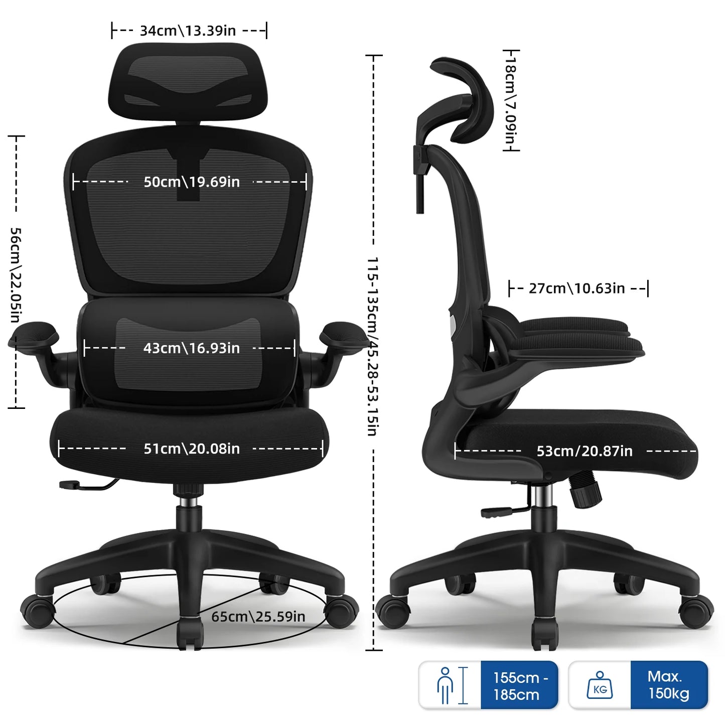 Daccormax Bürostuhl ergonomisch, Schreibtischstuhl, 150 kg Fassungsvermögen, verstellbare Kopfstütze und Armlehnen, Computerstuhl mit Lordosenstütze