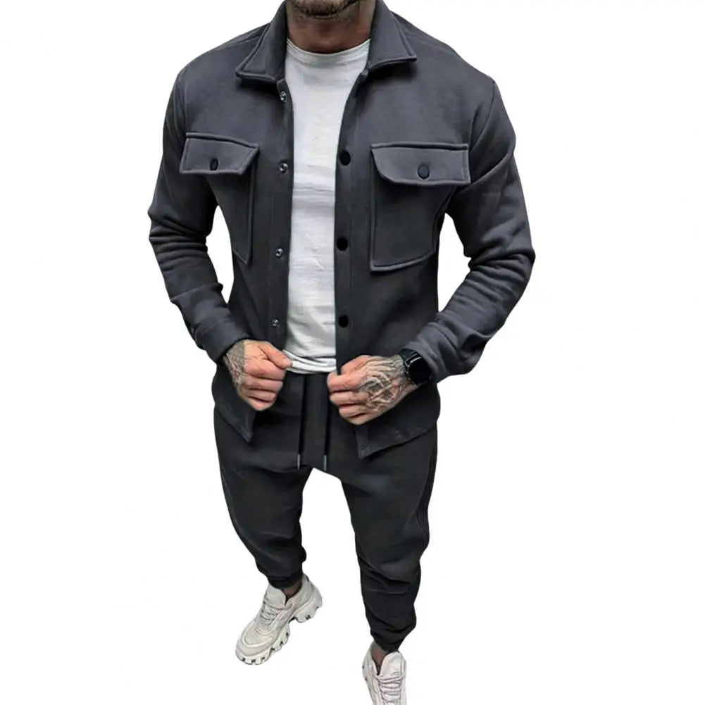 Men Two-piece Suit Set Winter Thick Warm Casual Suit Outfit Long Sleeve Coat Long Trousers Set Fashion Men's Activewear Outwear
