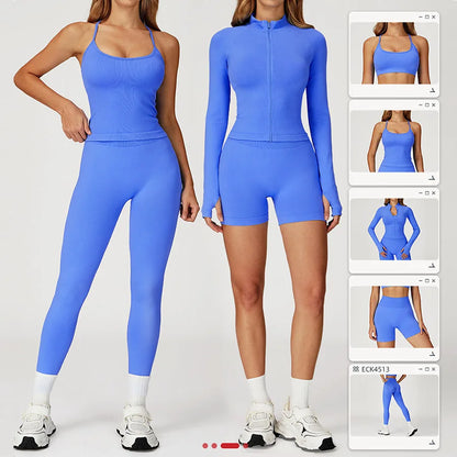 2PCS Yoga Suit Sports Set Women Gym Set Woman Tracksuit Running Workout Long Sleeve Sports Shirt Shorts and bra set Sport Outfit.