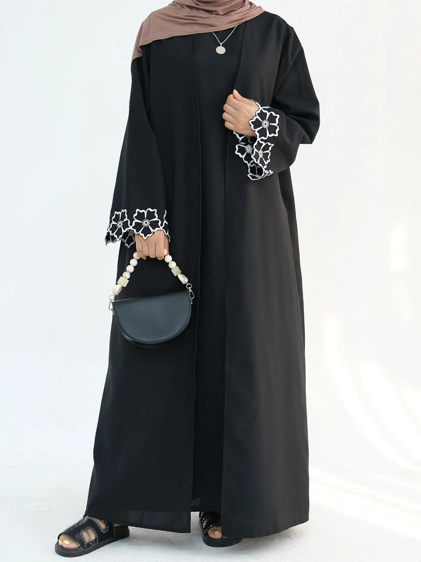 Chic Coffee Color Outer Piece Abaya Geometric Cuff Embroidery Ideal Modern Muslim Women Suitable for Daily/Semi formal Occasion.