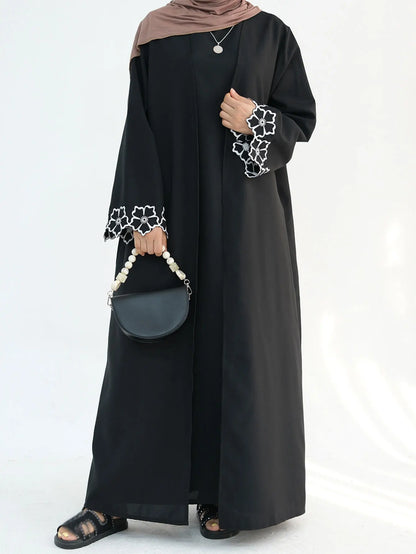 Chic Coffee Color Outer Piece Abaya Geometric Cuff Embroidery Ideal Modern Muslim Women Suitable for Daily/Semi formal Occasion.