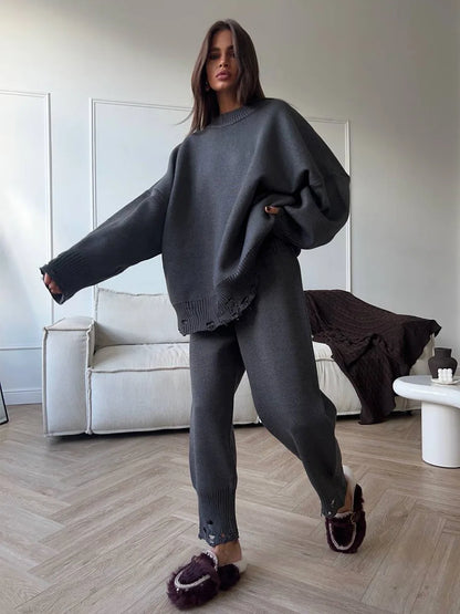 Two Piece Ripped Set Women Knit Tracksuits O Neck Long Sleeve Casual Baggy Sweatshirts+ Joggers Pants Outfits 2025 Fall Winter