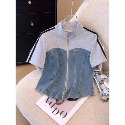 Pant Set Women Two Piece Sets Denim Splice Zipper Matching Sets Casual Coats Wide Leg Long Pants Lace Up Elastic Waist 2025.