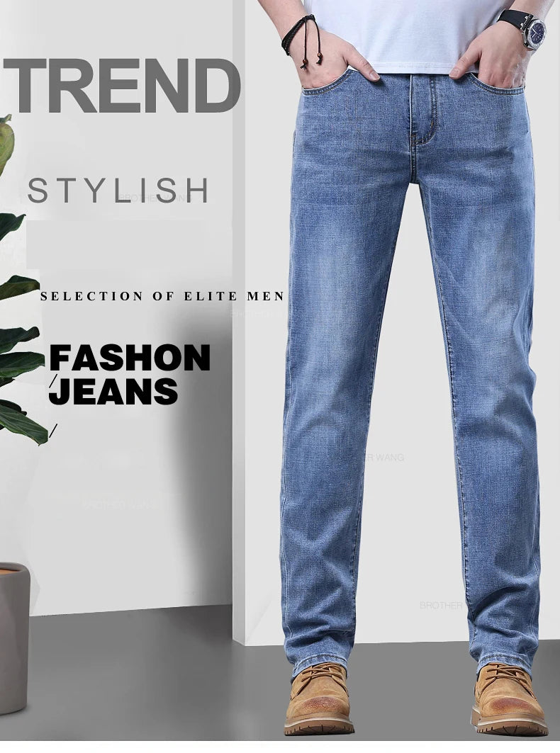 Spring Men's Light Blue Slim Jeans Stylish Casual Stretch Fabric Denim Pants Classic Trousers Smoke Gray.