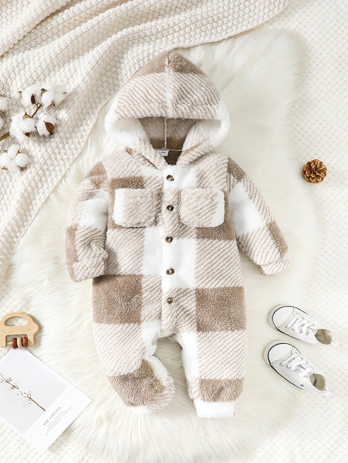 Baby-Strampler für Jungen und Mädchen, kariert, mit Kapuze, langärmelig, Plüsch-Overall, Winter, warmer Body, Kleidung für Kleinkinder im Alter von 3–24 Monaten.