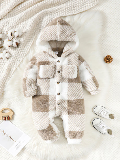 Baby-Strampler für Jungen und Mädchen, kariert, mit Kapuze, langärmelig, Plüsch-Overall, Winter, warmer Body, Kleidung für Kleinkinder im Alter von 3–24 Monaten.