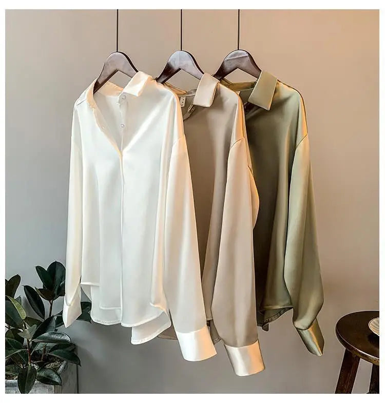 1pcs Woman Spring Autumn Satin Shirt Lady Long Sleeve Lapel Blouses Cardigans Elegance Sweet Casual Coats Girl Sunscreen Top.