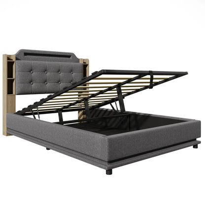 140*200cm Polsterbett mit LED-Lichtleiste und mehreren Ablagefächern, für Schlafzimmerwäsche, Beige (ohne Matratze)