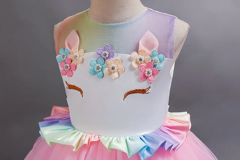 2023 Neues Regenbogen-Einhorn-Kleid für Mädchen, besticktes Tanzkleid, Halloween-Performance-Kleidung, Kinderkleidung, 3–10 Jahre alt.