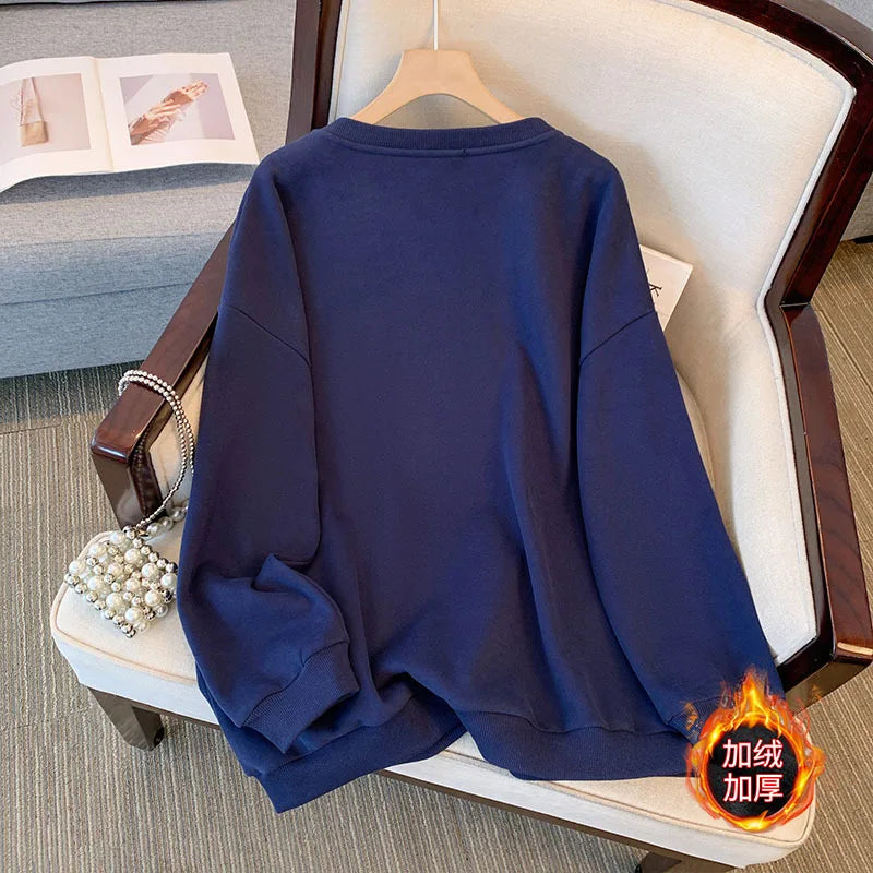 150kg plus size Damen büste Herbst Winter lose Rundhals ausschnitt Fleece warmes Sweatshirt bedrucktes Oberteil blau 5xl 6xl 7xl 8xl 9xl.