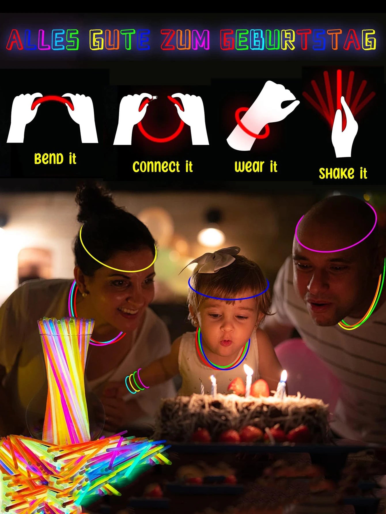Leuchtende bunte Leuchtstäbe, fluoreszierend, leuchtend im Dunkeln, DIY-Armband, Halskette, Leuchtstab, Geburtstag, Hochzeit, Partyzubehör.