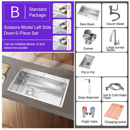 304 Stainless Steel Kitchen Sink Silver Embossed Large Single Slot Home Improvement Multifunction Wash Basin For Kitchen