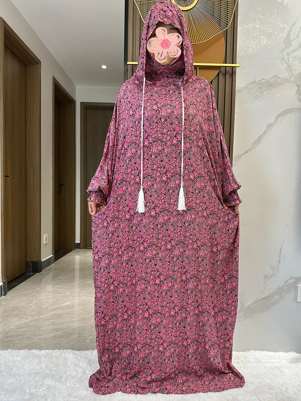 New Ramadan Muslim Two Hats Abaya Dubai Turkey Islam Prayer Clothes Floral Cotton Long Dress Islam Women Dress Kaftan