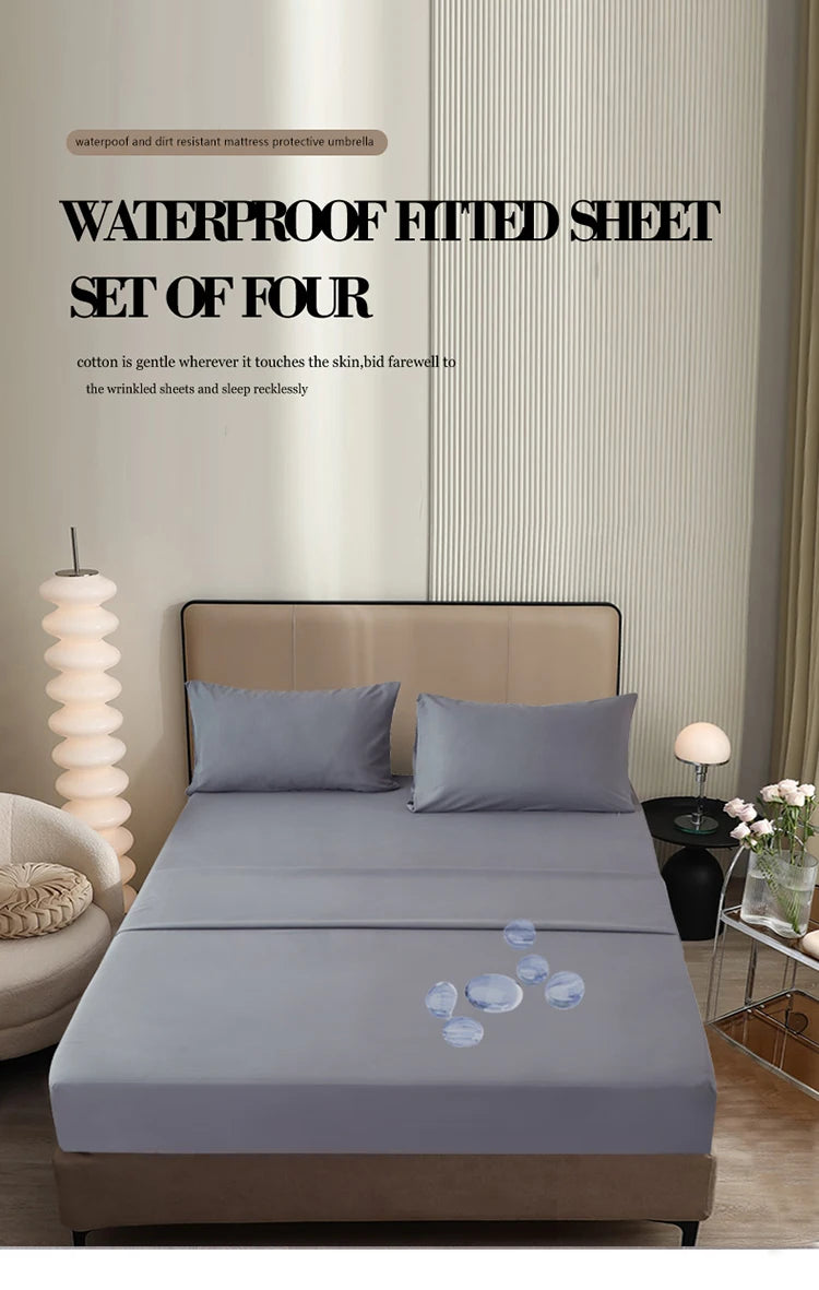 3/4pcs Solid Beding Set, Waterproof Fitted sheet & Bed Sheet & Pillowcases Soft, Queen, KIng, Full, Twin Size, White and Gray.