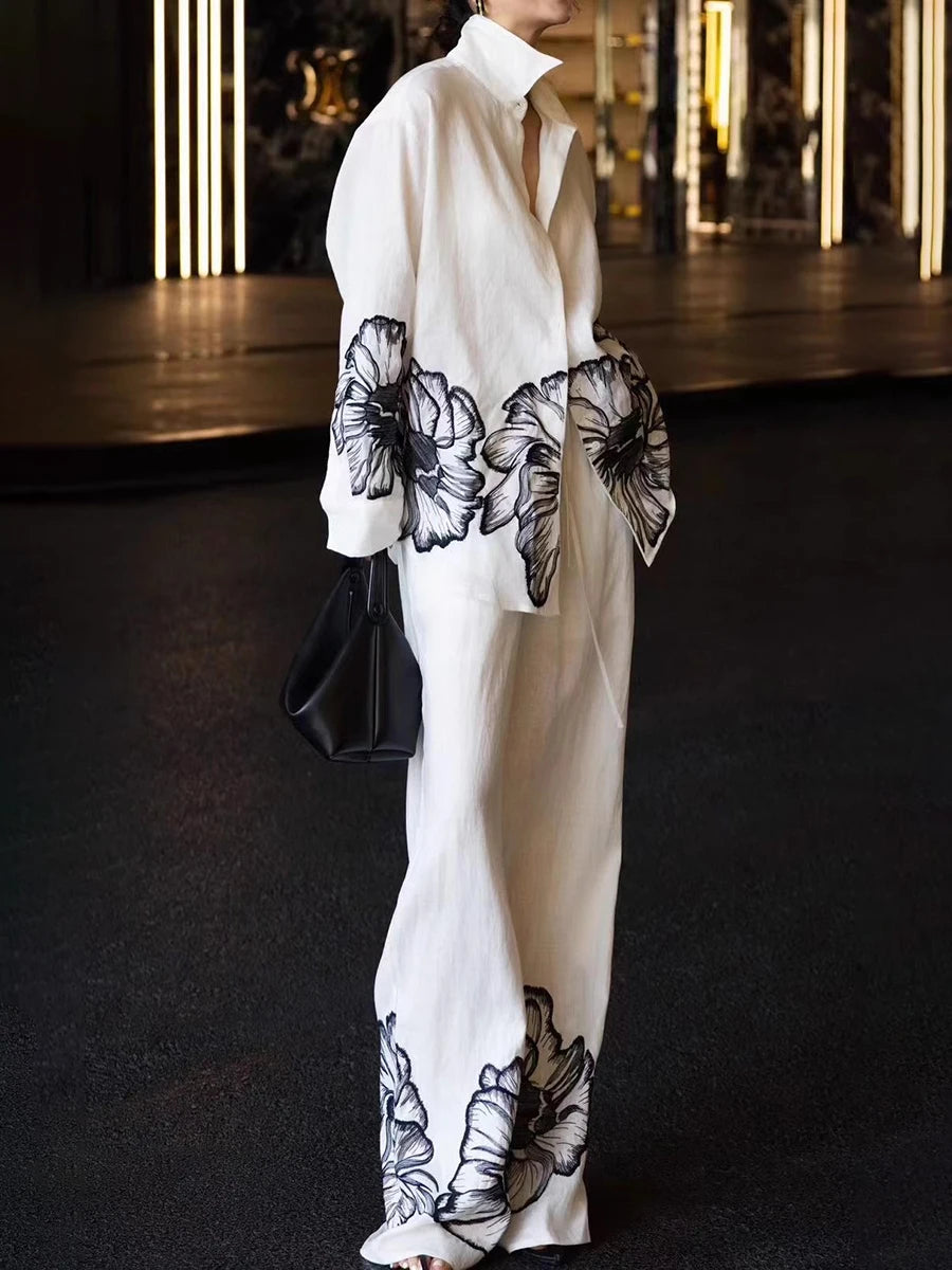 TWOTWINSTYLE Hit Color Loose Casual Two Piece Set For Women Lapel Long Sleeve Loose Top High Waist Temperament Pant Sets Female.