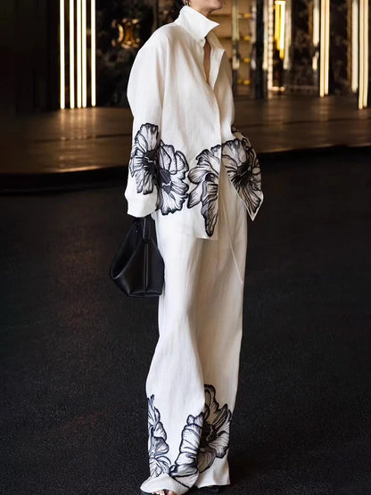 TWOTWINSTYLE Hit Color Loose Casual Two Piece Set For Women Lapel Long Sleeve Loose Top High Waist Temperament Pant Sets Female.