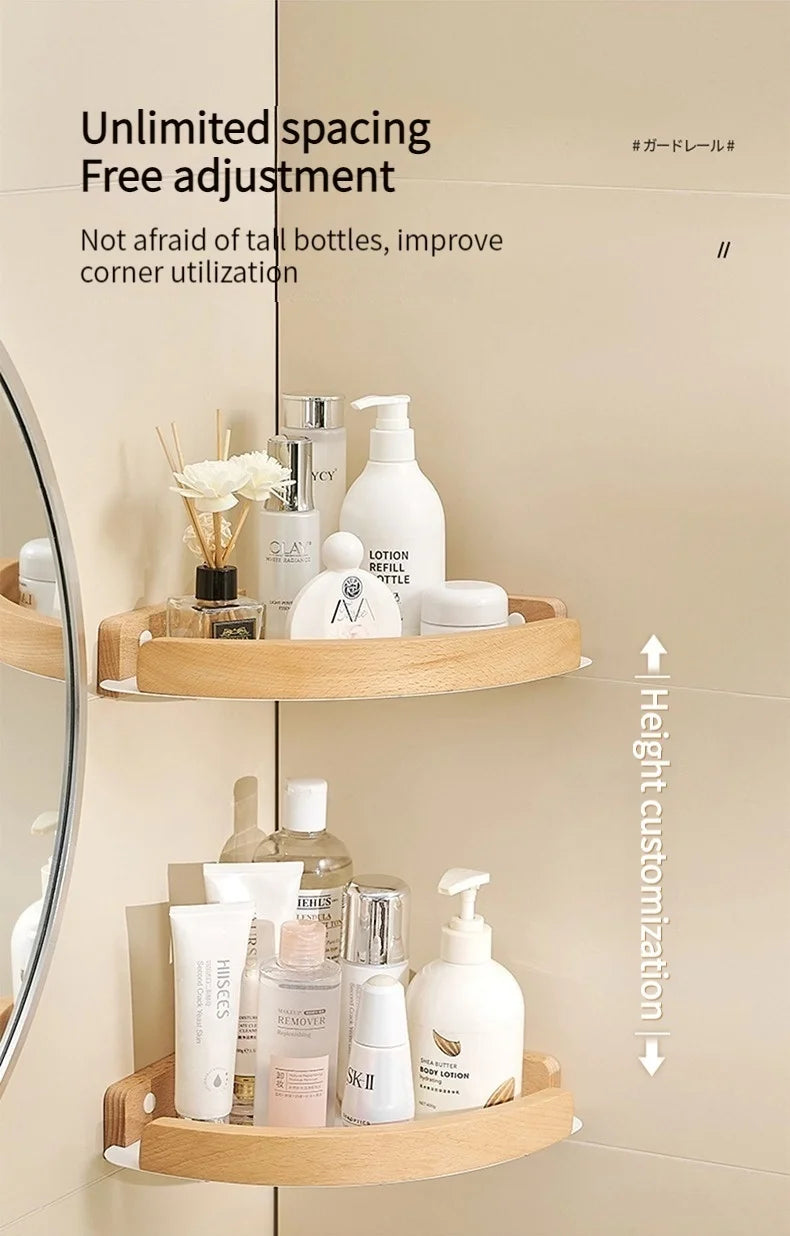 Badezimmer-Aufbewahrungsregal aus Holz und Aluminium, Aufbewahrungsregal für Badezimmer, perforationsfrei, Wandbehang, Waschtisch, WC, dreieckiges Eckregal