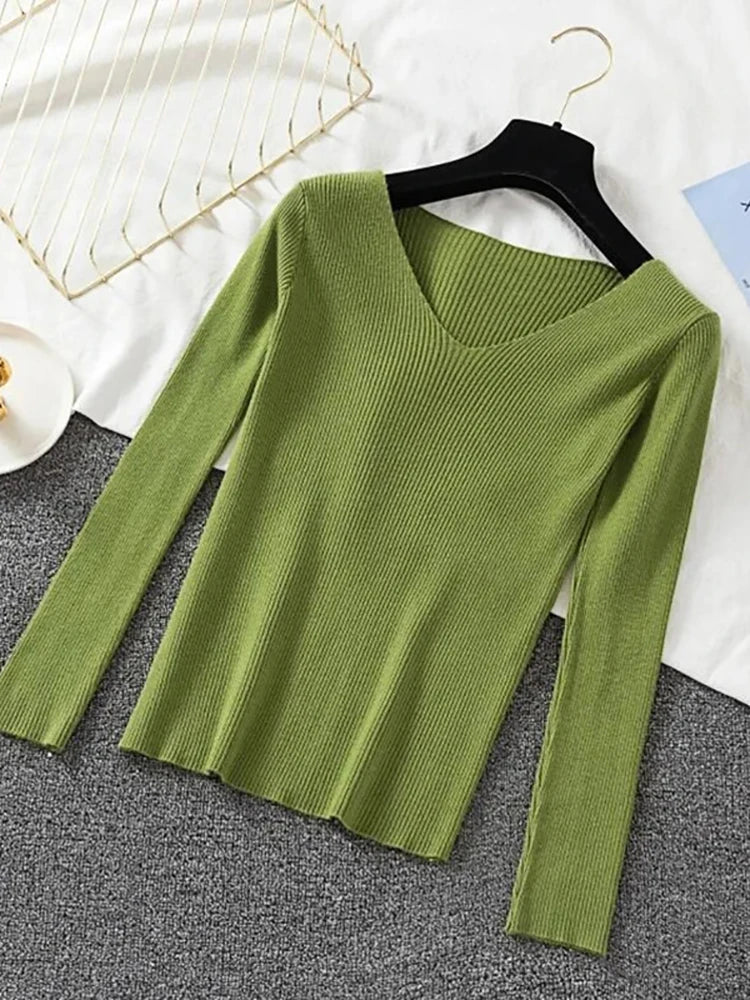 2025 mode V-ausschnitt Elastische Grundlegende Top Neue Frauen Pullover Herbst Winter Langarm Pullover Weibliche Winter Solide Strick Jumper