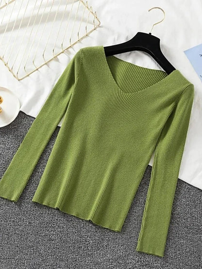 2025 mode V-ausschnitt Elastische Grundlegende Top Neue Frauen Pullover Herbst Winter Langarm Pullover Weibliche Winter Solide Strick Jumper