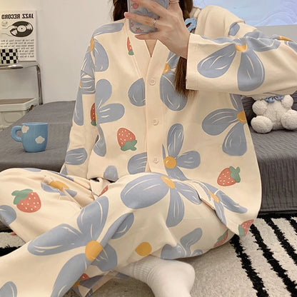 Herbst Winter Pyjamas Set für Frauen Kawaii Druck Nachtwäsche Anzug für Mädchen Mode Restlong Ärmel V-Ausschnitt Frau Pyjamas Set.