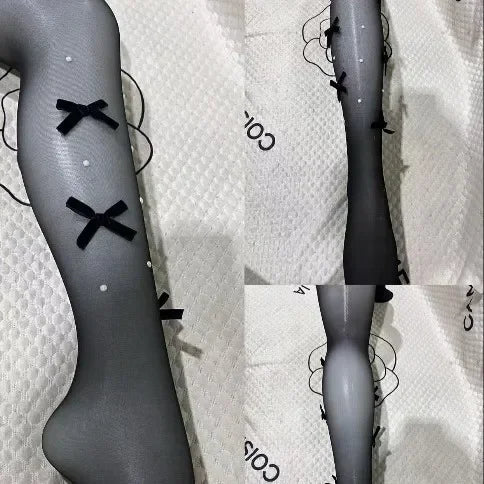 Sweet Pure Desire Butterfly Knot Stockings Pearl Pantyhose Women's Ultra Thin Any Cut Anti Snag Long Tube Socks.