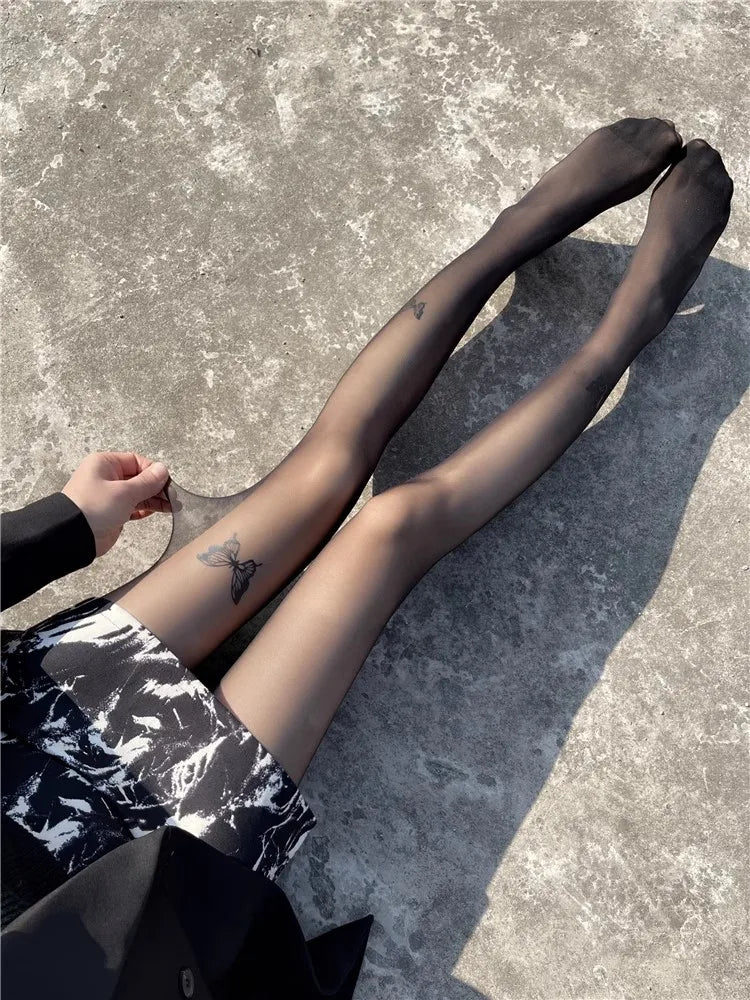 Sexy Butterfly Tights Vintage Y2K Fake Tattoo Butterfly Black Transparent Silk Pantyhose Women Lolita Summer Ultra-thin Stocking.