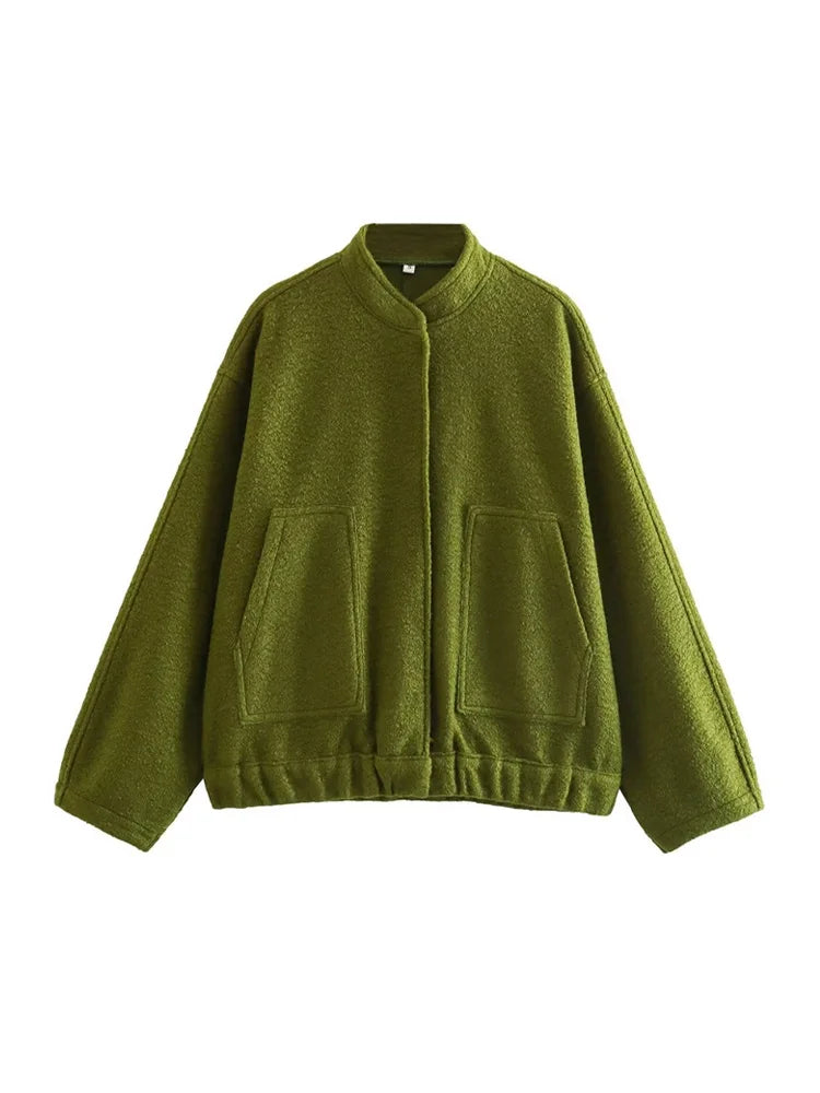 TRZA Frauen Mode Mit Taschen Übergroßen Bomber Jacke Mantel Vintage Langarm Druckknopf Weibliche Oberbekleidung Chic Tops