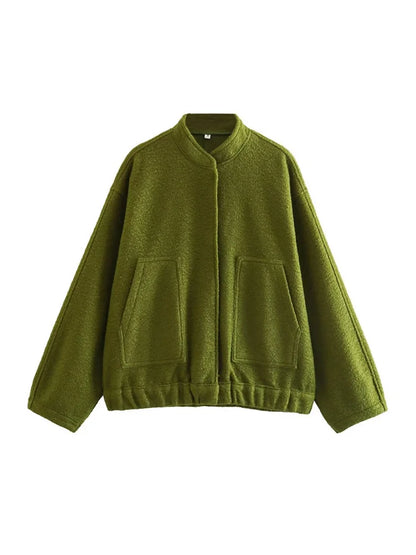 TRZA Frauen Mode Mit Taschen Übergroßen Bomber Jacke Mantel Vintage Langarm Druckknopf Weibliche Oberbekleidung Chic Tops