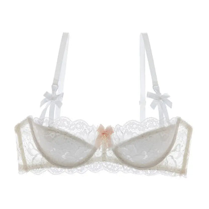 French Coquette Lace Bra Set Bow Straps Minimizer Large Bust Sheer Half Cup Balconette Push Up No Spill Underwire Sexy Lingerie