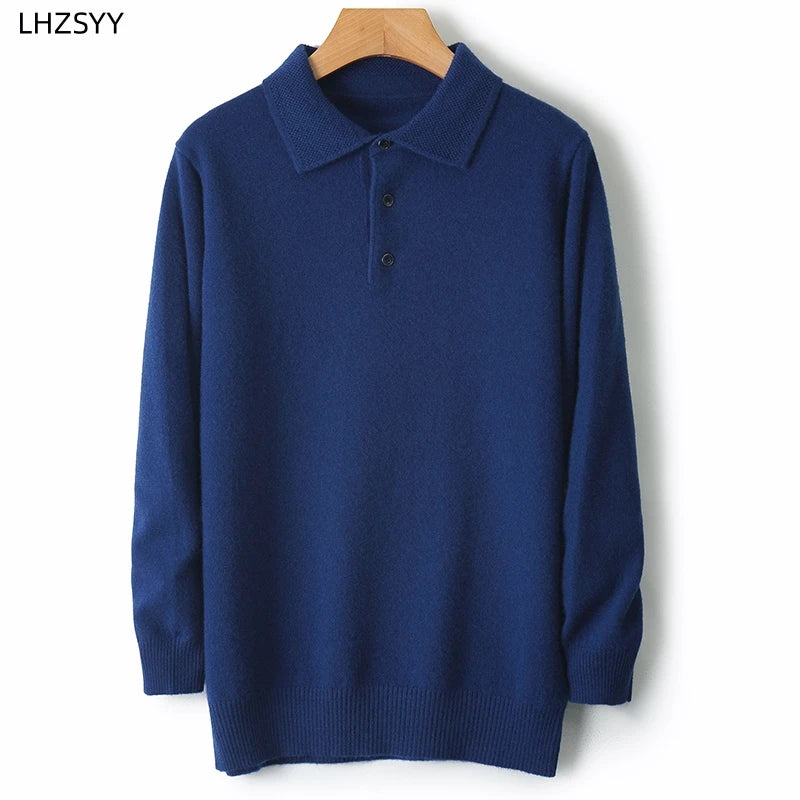 LHZSYY 100%Merino Wool Hot Cardigans Men Lapel Pullover Long Sleeve POLO Neck Sweaters Loose Tops Knit Clothing Large Size Shirt.