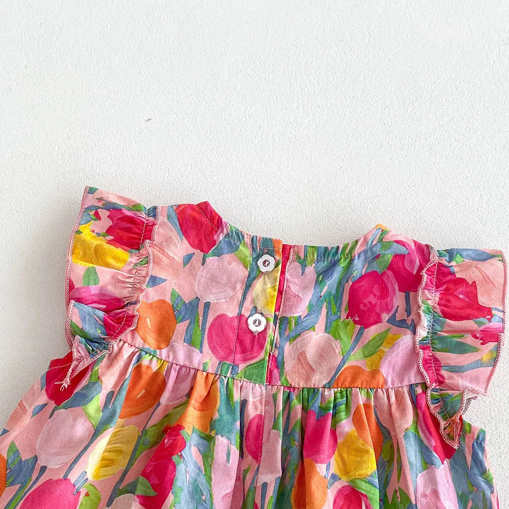 MILANCEL 2025, Sommerkleidung für Babys, Mädchen, Rüschenärmel, Kleinkind-Mädchen-Bodys, Tulpenmuster, Einteiler für Kleinkinder.