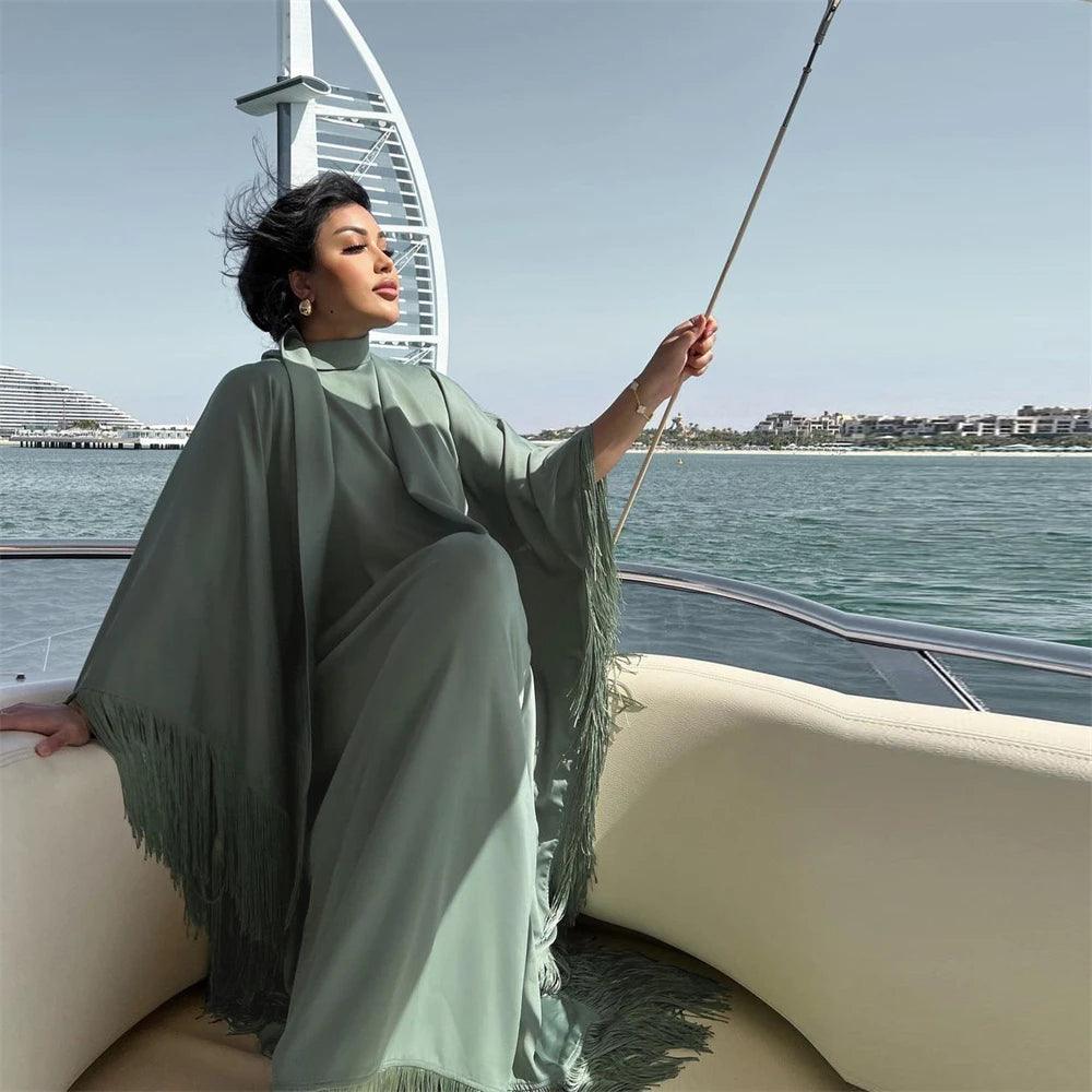 Eid Satin Luxury Green White Black Pink Khimar Tassel Butterfly Batwing Abaya For Women Islam Muslim Maxi Dress Kaftan Kebaya.