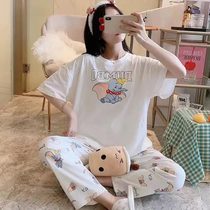 Sommer Pooh Bär Nachtwäsche frauen Lose Bequeme Cartoon Print Hause Kleidung Set Kurzarm Nachthemd Mickey Pyjama Set
