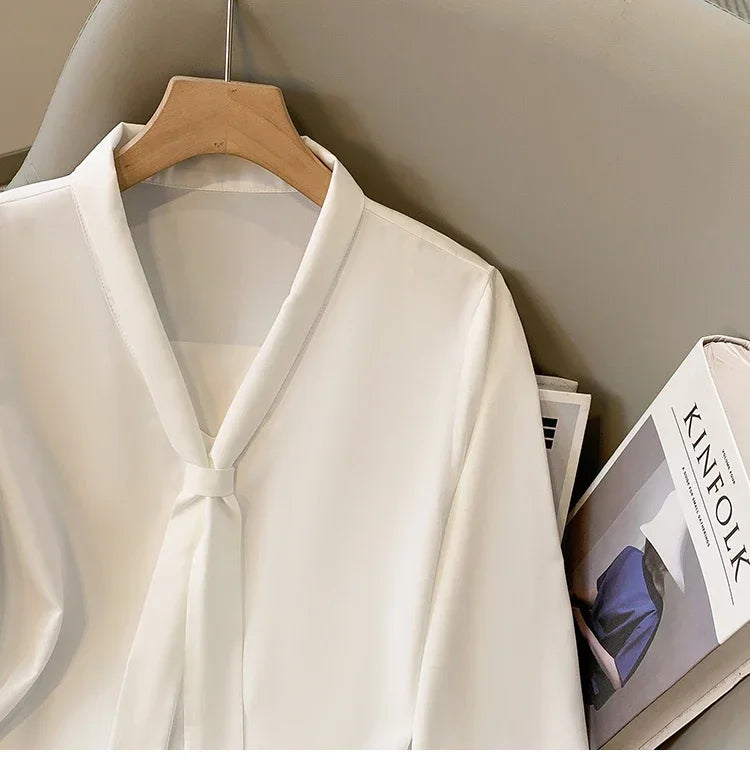 Loose Long Sleeve V-Neck Work Shirt for Women Plus Size Women's Blouses Fashion Versatile Autumn Bow Tops Trendy Business Shirts.