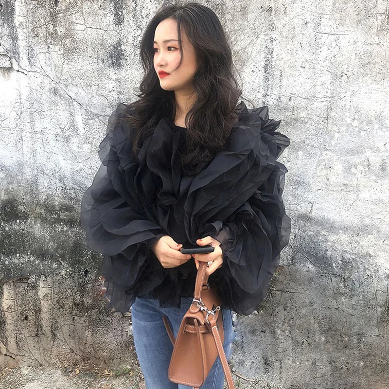 TWOTWINSTYLE Elegant Patchwork Ruffles Chiffon Blouses Women O Neck Lantern Long Sleeve Loose Shirt Female Clothing Fashion.