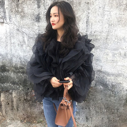 TWOTWINSTYLE Elegant Patchwork Ruffles Chiffon Blouses Women O Neck Lantern Long Sleeve Loose Shirt Female Clothing Fashion.